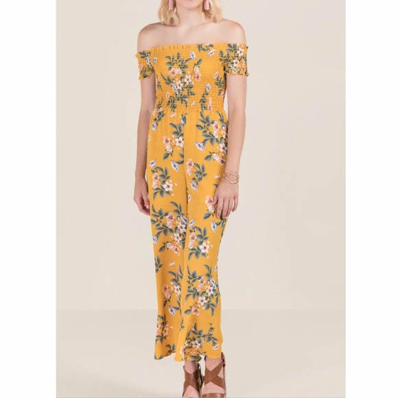 Francesca’s Yellow Floral Off Shoulder Jumpsuit - Picture 3 of 5